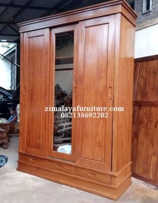 Lemari Pakaian Jati 3 Pintu Sliding Jepara